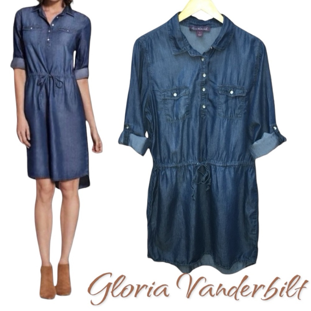 GLORIA VANDERBILT Ashleigh Drawstring Waist Denim Shirt Dress - Women’s Large